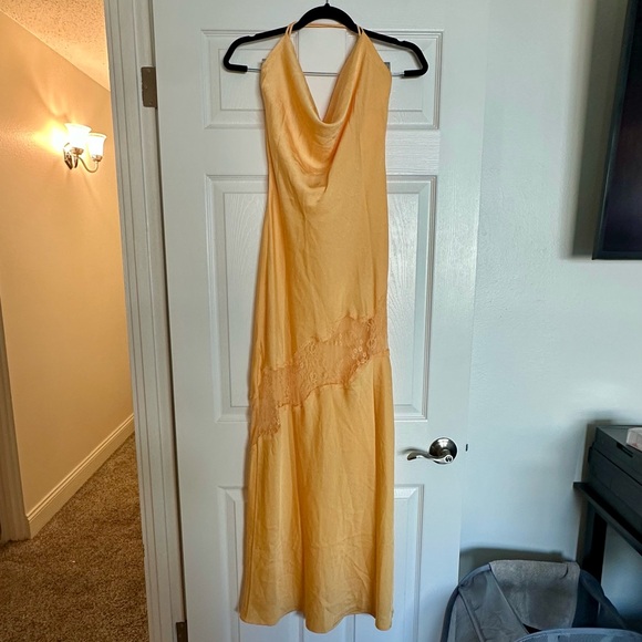 Meshki Draped Slinky Maxi Dress with Cowl Neckline and Lace Cut Outs - Picture 2 of 9